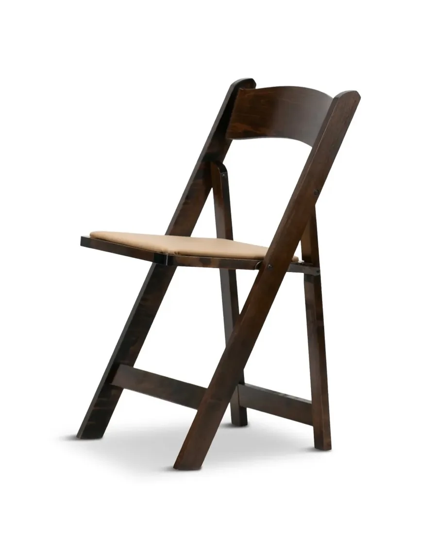 A wood padded folding chair